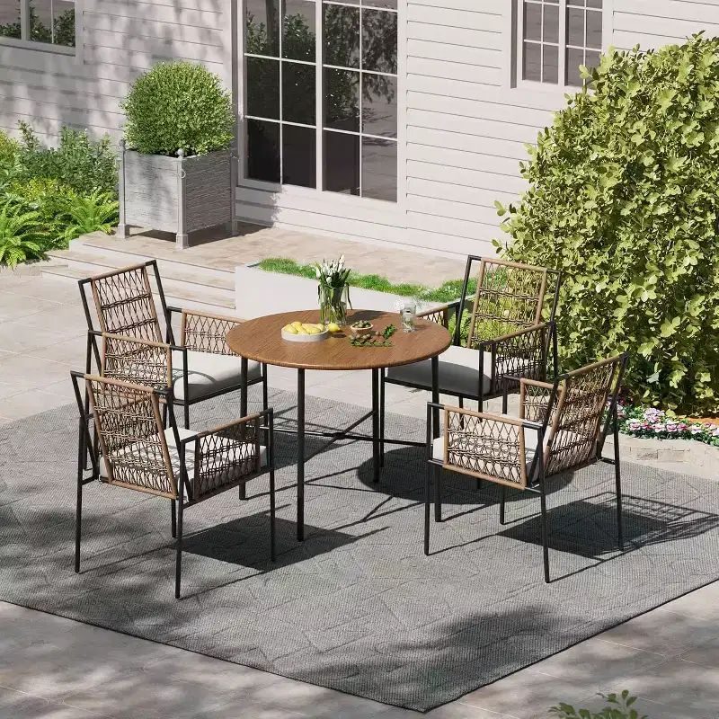 LAUSAINT HOME 5 Piece Outdoor Patio Dining Set, PE Rattan Patio Furniture Set with 4 Cushioned Armchairs & Umbrella Hole