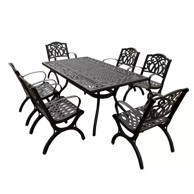 7pc Patio Dining Set with 68" Modern Ornate Outdoor Mesh Aluminum Rectangular Table & Luxury Chairs - Black - Oakland Living