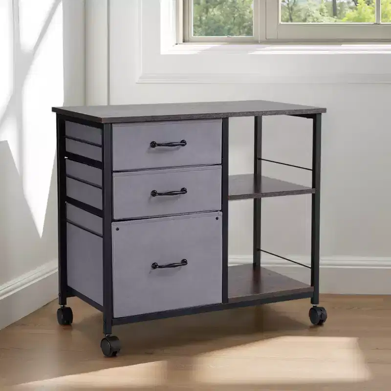 VEVOR Metal File Cabinet, Mobile Filing Cabinet with 3 Fabric Drawers and 2 Open Shelves, Wooden Vertical Filing Storage Cabinets with Wheels, Brown