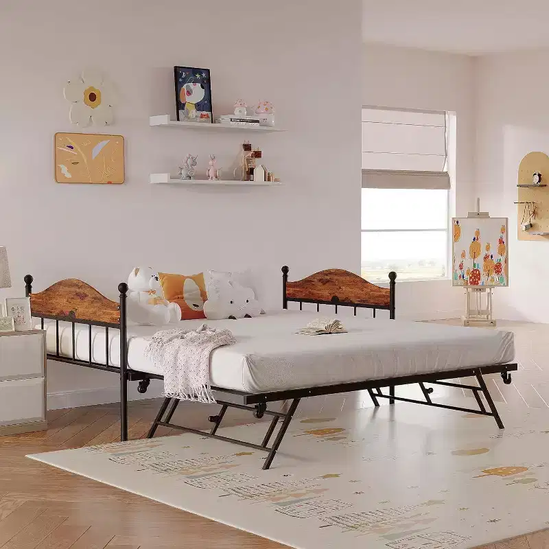with Pop-Up Trundle, Metal Twin Bed Frame with Sofa-to-Bed Headboard, Reinforced Steel Slat Support, Rustic Brown