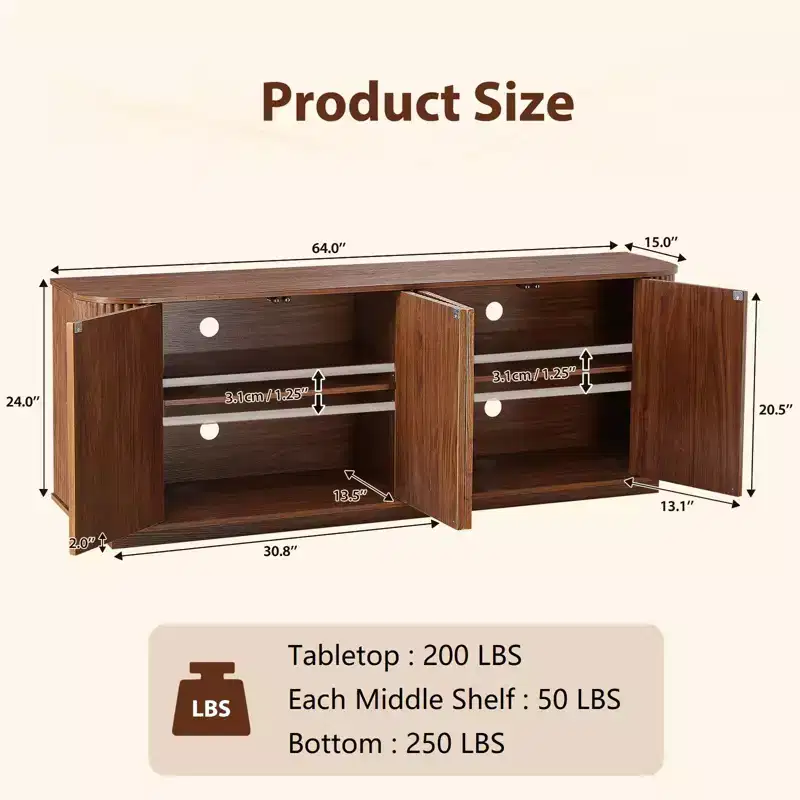 Fluted Walnut TV Stand for TVs Up to 75 inch,Mid Century Modern TV Console for Living Room, Television Stands