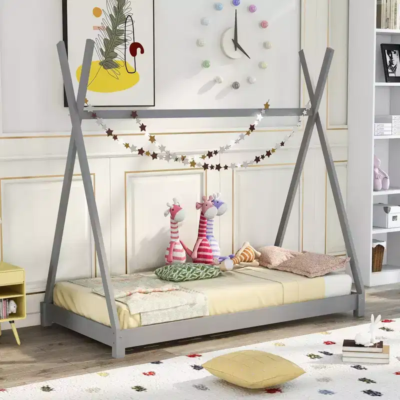 Wood Twin Bed Frame for Boys and Girls, Montessori Twin Size Tent Design Floor Height Platform Bed House Bed Frame