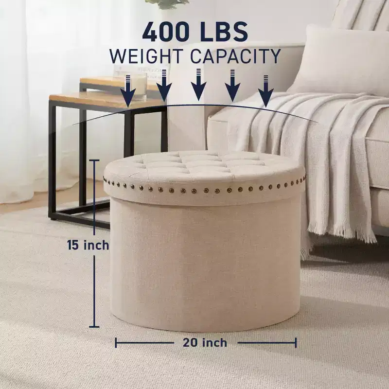 Ornavo Home Decor Large 20 Round Collapsible Storage Ottoman with Nailhead Trim for Living Room and Bedroom