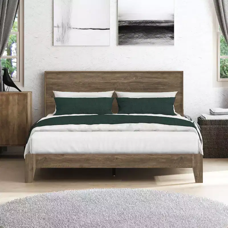 Queen Platform Bed with Headboard, Knotty Oak