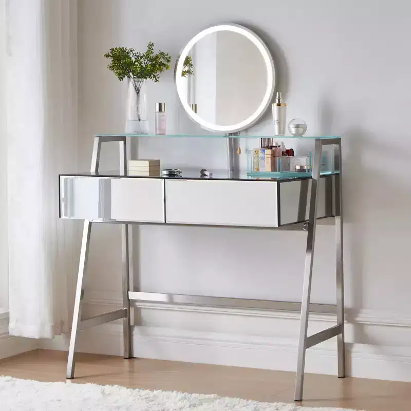 33.9 Vanity Desk with Lighted Mirror, Makeup Table Desk with Drawers, Transparent Storage Shelf and Charging Station, Vanity Makeup Table