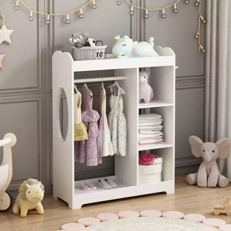 Kids Dress Up Storage with Mirror, Clothes Rack, Hanging Rod, 3 Side Hooks and Storage Shelves, White