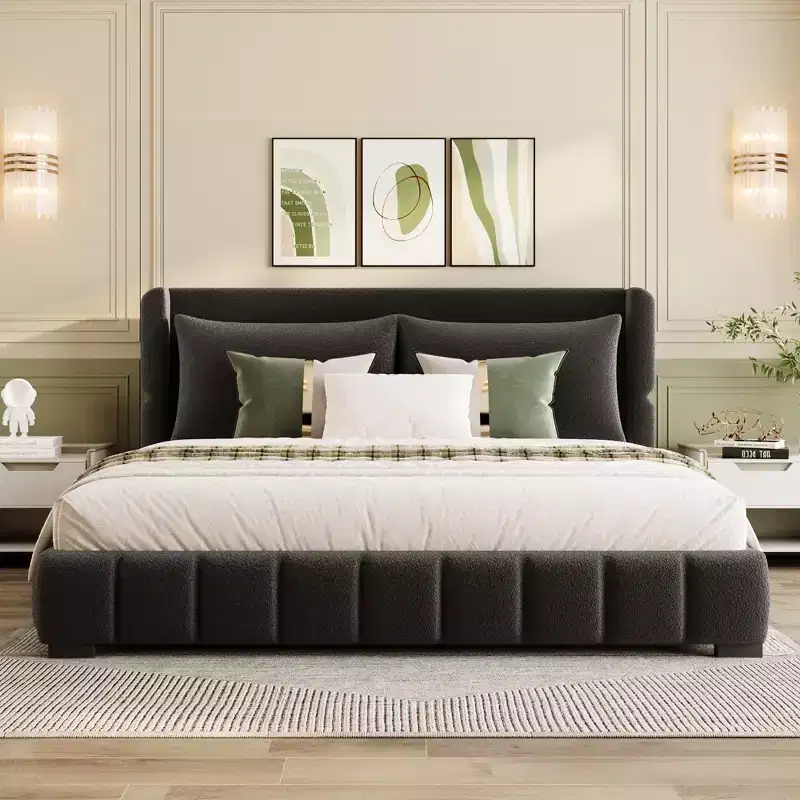 Queen/King Size Upholstered Platform Bed Frame with 2 Pillows & Headboard - ModernLuxe