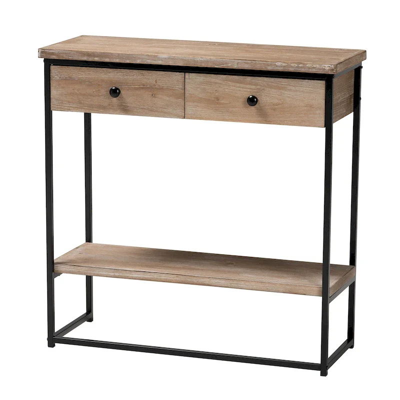 Industrial Console Table with 2 Drawers and Open Shelf, Natural Brown & Black
