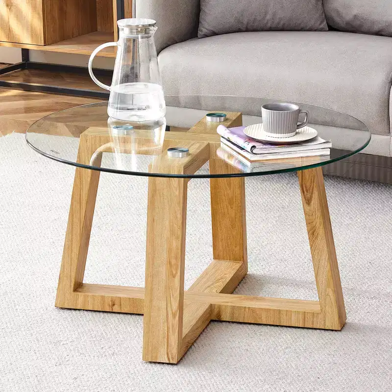Modern Practical Circular Coffee Tea Tables, With Transparent Tempered Glass Tabletop, Wood Colored MDF Tables For Living Rooms, Bedrooms