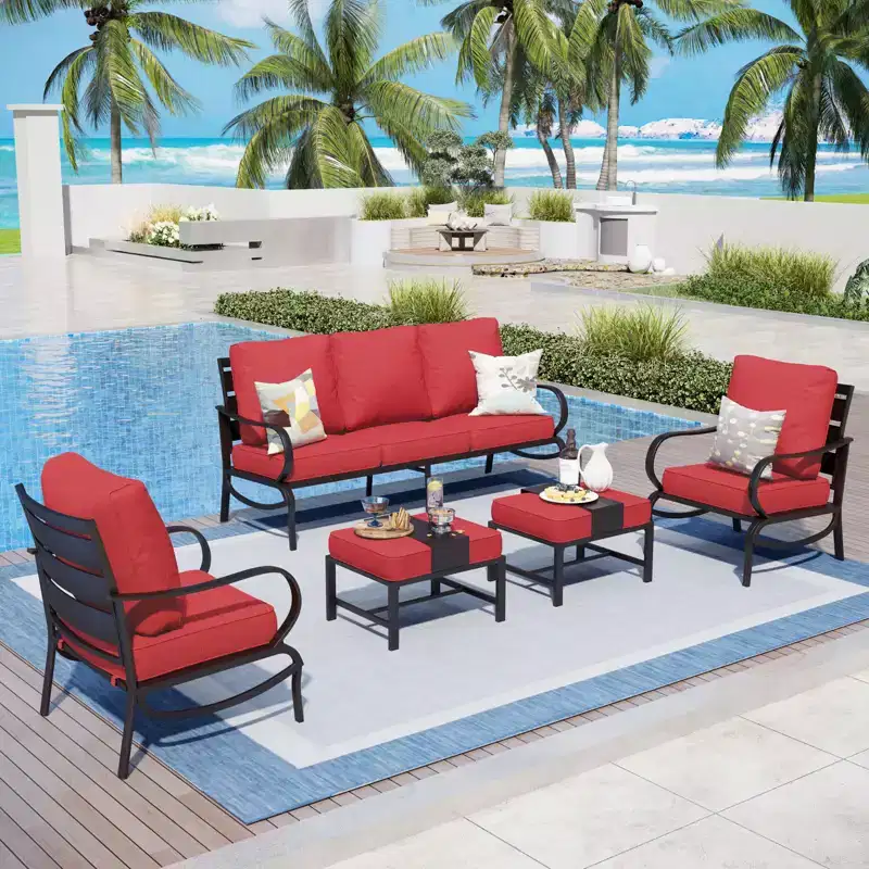 Captiva Designs 5pc Metal Patio Furniture Conversation Set with Ottomans for Garden Porch Backyard