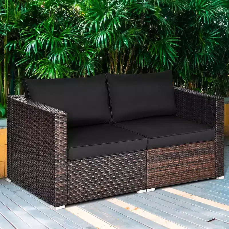 Costway 2PCS Patio Rattan Corner Sofa Sectional Furniture Set Black Cushion Black\Red