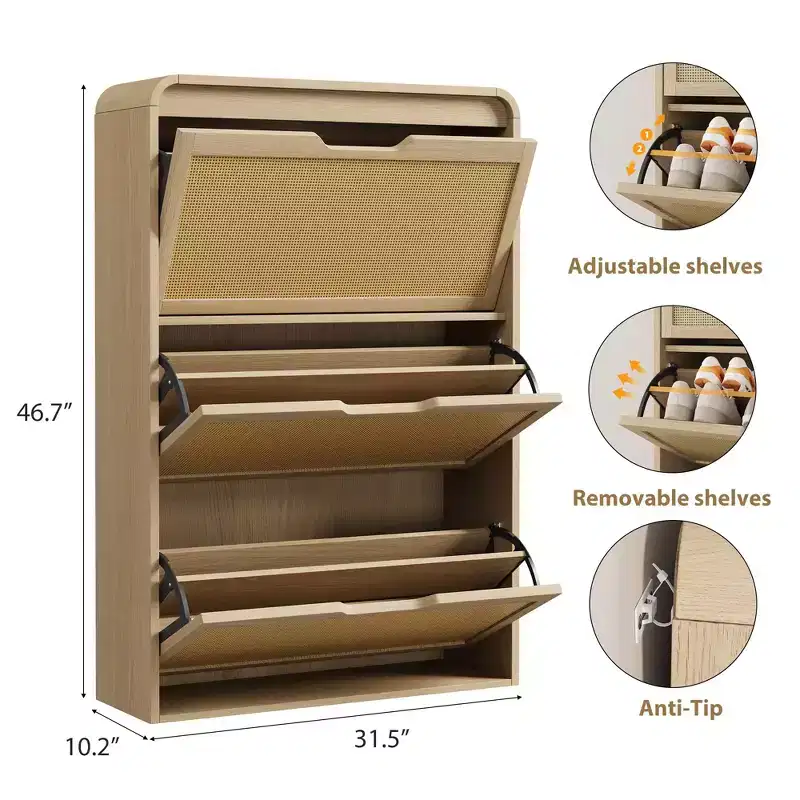 Rattan Shoe Cabinet with 3 Flip Drawers, Slim Narrow Shoe Storage Cabinet for Entryway with Adjustable Shelves