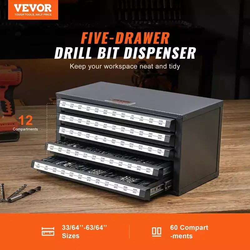 VIYET Five-Drawer Drill Bit Dispenser Storage Rack, Steel 33/64-63/64, Labeled & Stackable for Drill Bit Storage