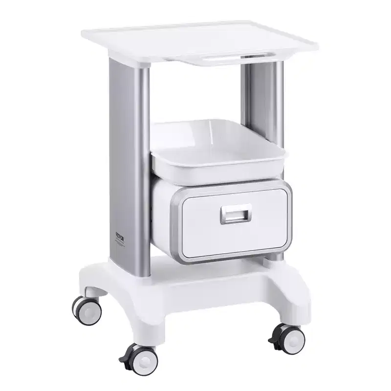 2-Tier Lab Utility Cart with 1 Drawer & Top Tray, ABS Mobile Medical Rolling Cart, 110 lb Cap