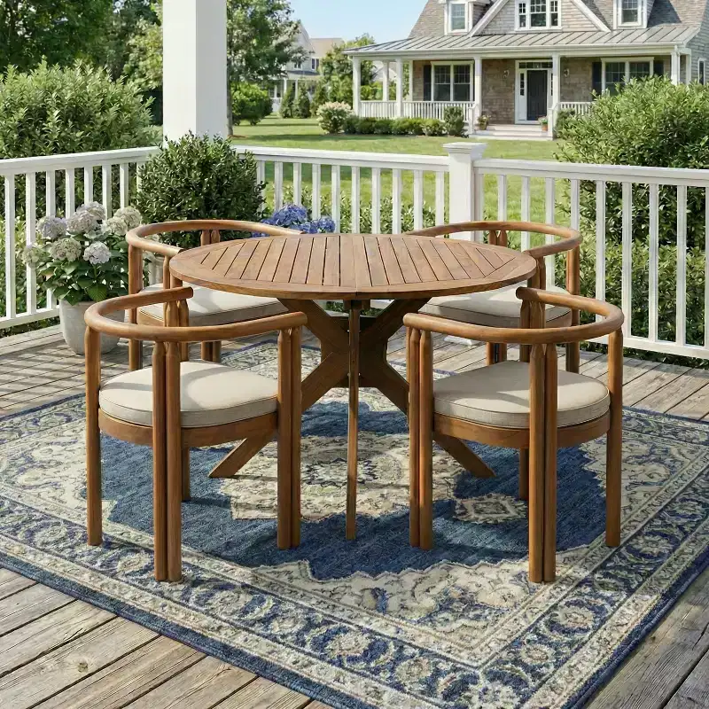 Christopher Knight Home Matteo 5 Piece Patio Rustic Acacia Wood Dining Set with Cushions and Slatted Table