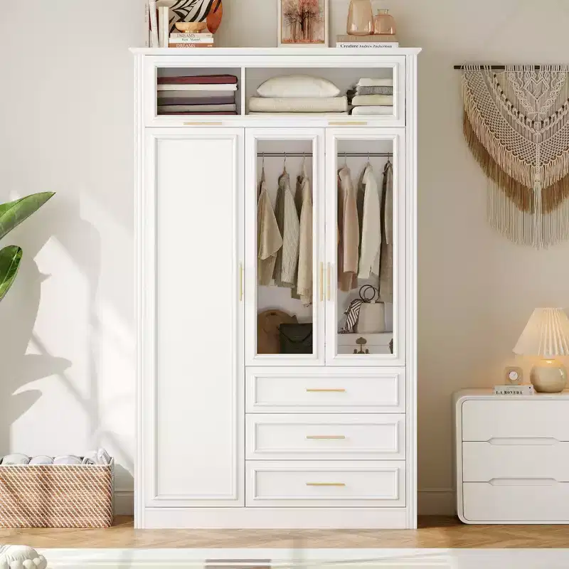 3 Door Wardrobe Armoire Closet with LED and 3 Drawers - White