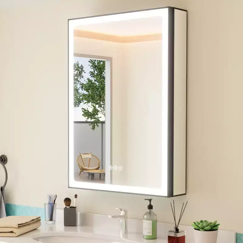 Grand Medicine Cabinet with Mirror and Light, Recessed/Mount Bathroom Medicine Cabinets, Defogger Mirror, Adjustable Shelves, Dimmable, Black