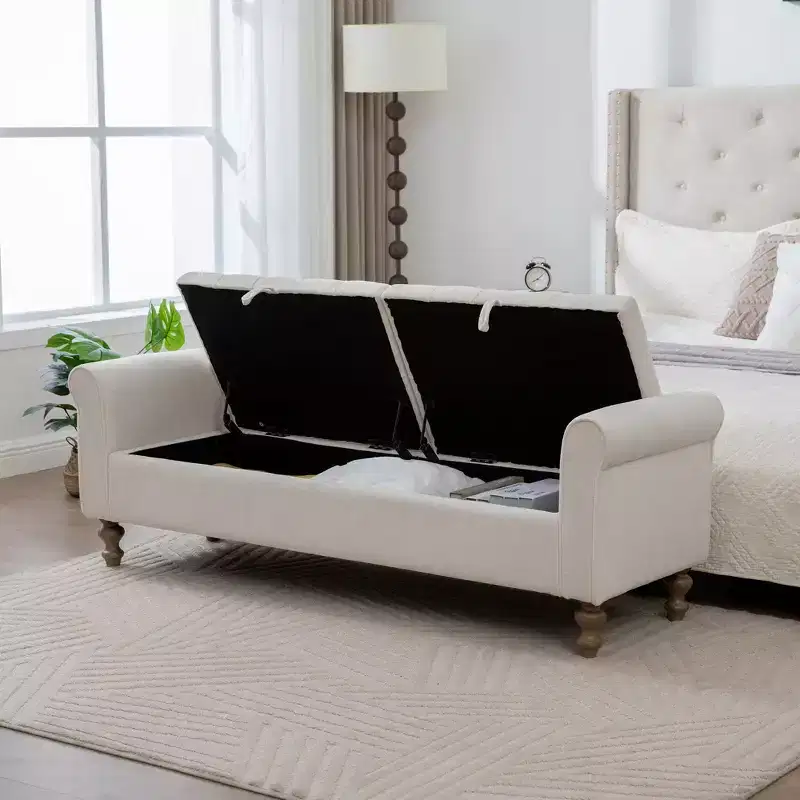 TUYOHW 65.7 Modern Storage Bench with Solid Wood Legs,End of Bed Bench with Rolled Armrest,Entryway Seating & Toy Chest for Living Room,Bedroom