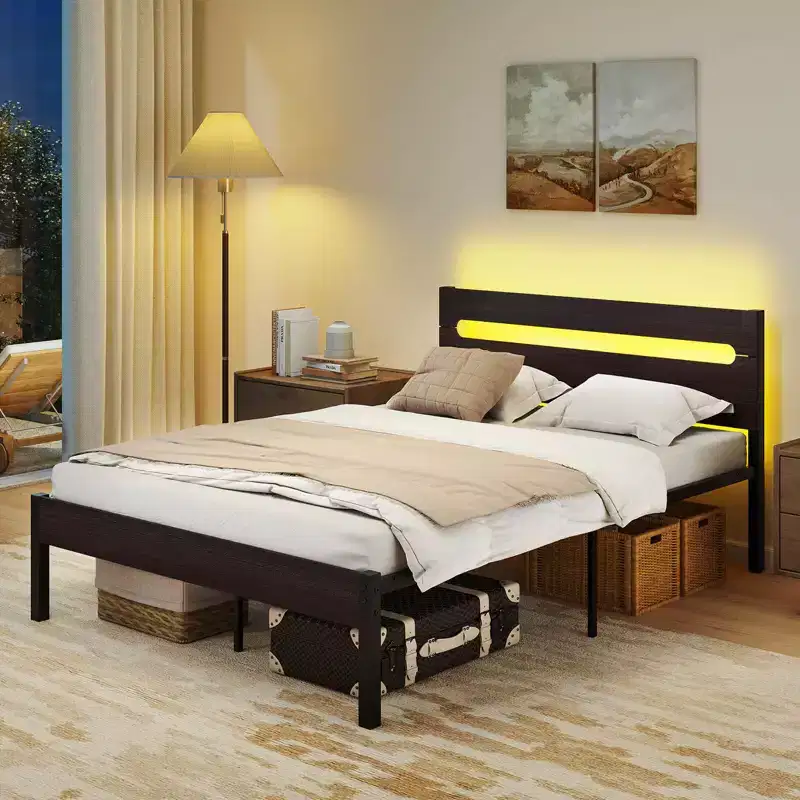 Full Size Bed Frame with Built-in Charging Station & RGB LED Lights - Rustic Brown/Walnut