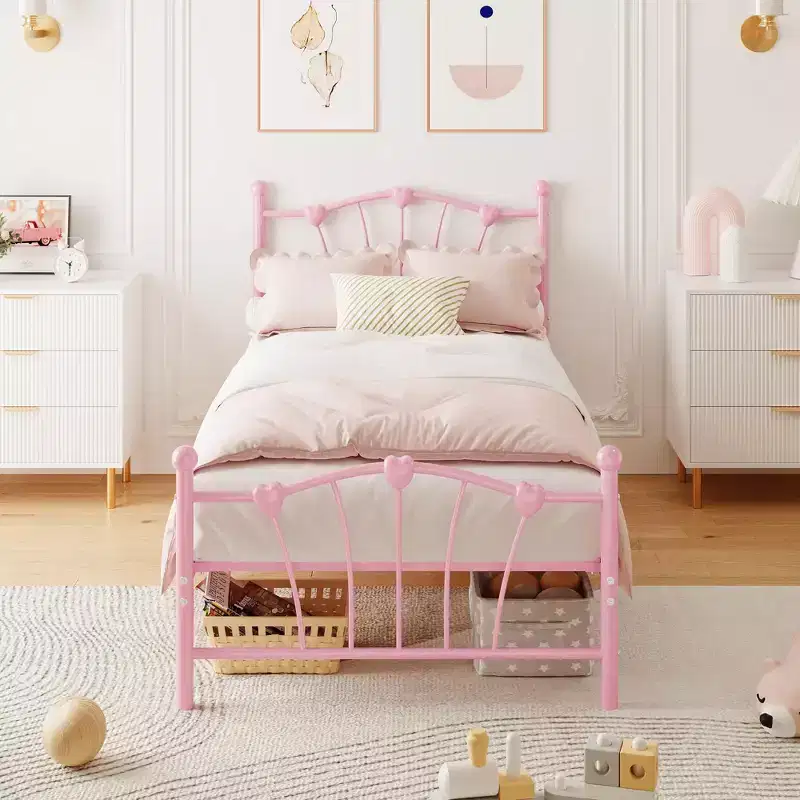 Twin Bed Frame, Twin Size Metal Platform with Heart Shaped Headboard, 11.5 Underbed Storage, No Box Spring Needed, Noise Free & Easy Assembly