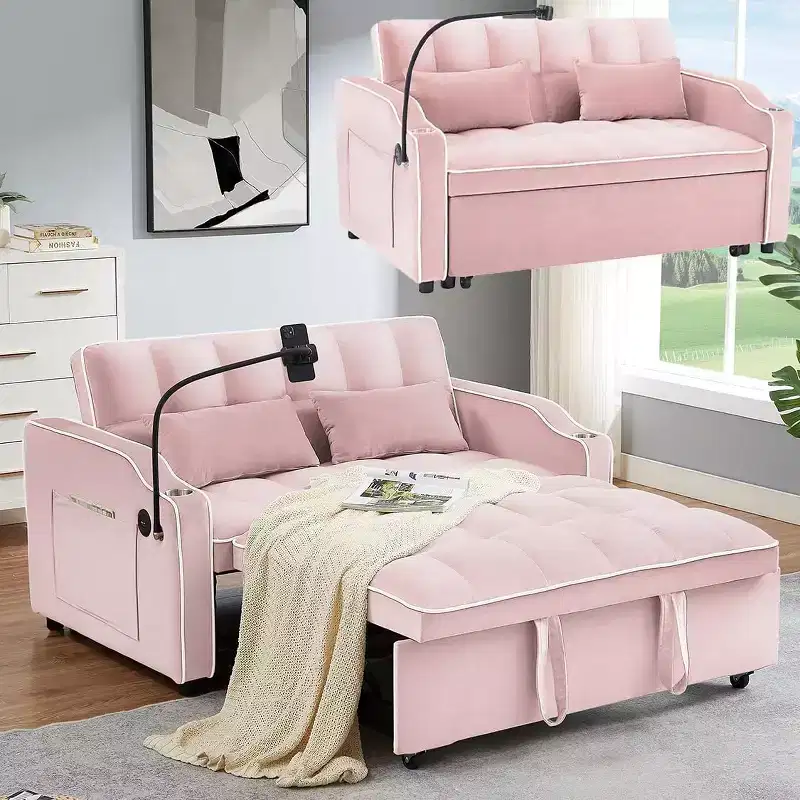 Convertible Sleeper Sofa Bed, Velvet Futon Loveseat with USB, Pull-Out Bed, Cup Holders, Swivel Phone Holder for Small Spaces