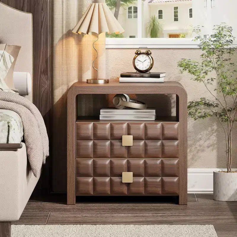 Modern Curved Nightstand with Geometric Relief Panel Fully Assembled 2-Drawer Bedside Table with Open Shelf, Sturdy Wood End Table - Walnut
