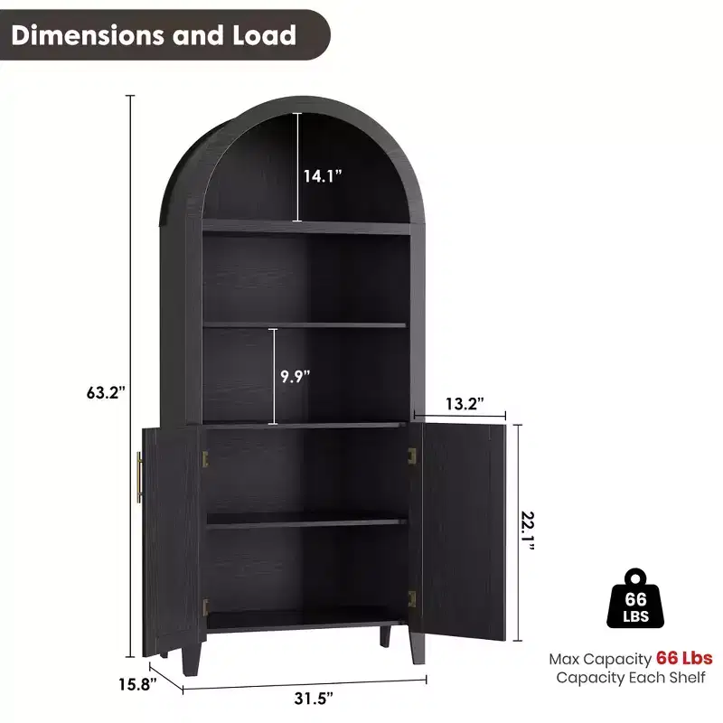 COZONY Arched Bookcase with Doors, 5-Tier Open Display Shelf with Rattan Decor, Modern Storage Cabinet for Home Office, Living Room, Library