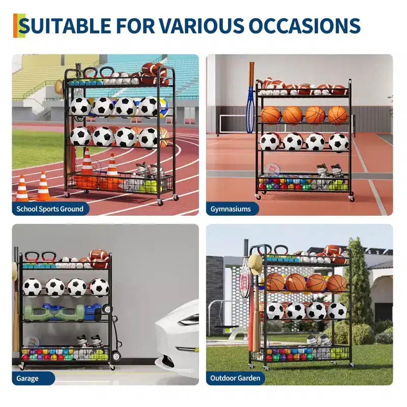 Ball Storage Rack, Rolling Sports Equipment Organizer with Wheels