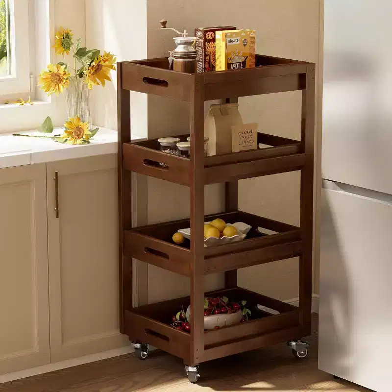 Lantine Solid Wood Storage Cart, 4-Tier Slim Mobile Kitchen Rolling Cart with Wheels for Small Space, Living Room, Dining Room, Laundry, Walnut