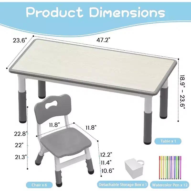Kids Table & 6 Chairs Set - Adjustable Height Art & Dining Table for Toddlers Ages 3-10, 300lb