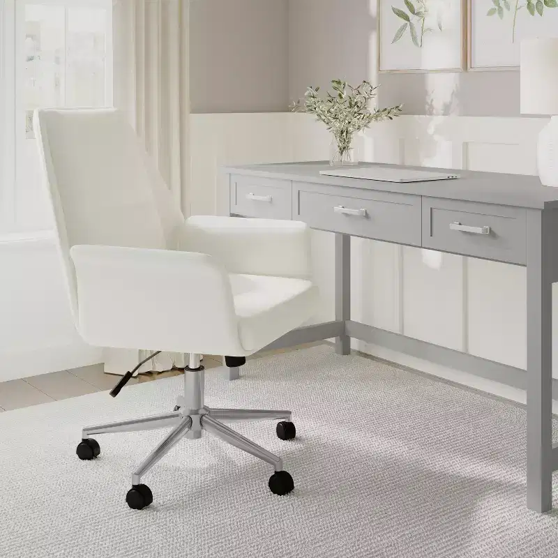 Martha Stewart Maxine Upholstered Office Chair in White/Polished Nickel