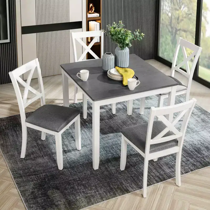 MAYEERTY 5-Piece Modern Dining Set, Wood Table with 4 Chairs, Grey & White Two Tone