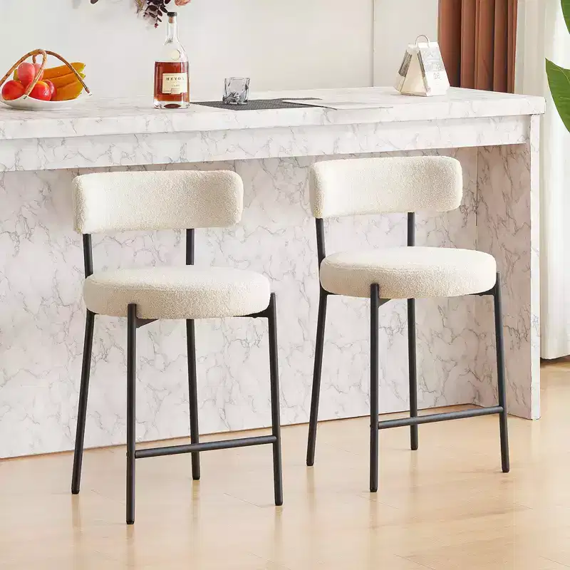 Set of 2 Boucle Fabric Counter Height Stools, 24 in., Mid Back, Metal Frame for Kitchen Island and Dining Room