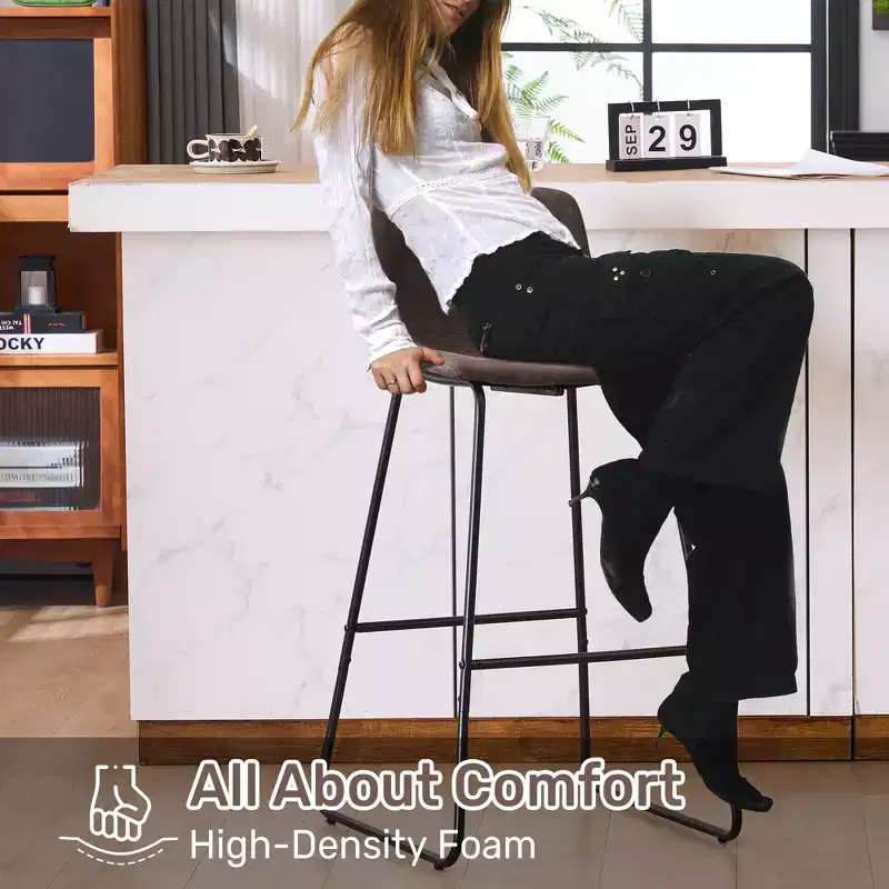 Faux Shearling Counter Height Bar Stools Set of 2 with Footrest, Dark Brown, 24