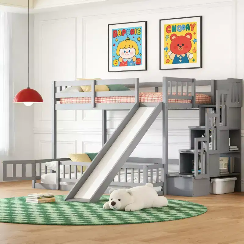 Twin Over Full Bunk Bed with Slide, Safety Guardrails and Storage Staircase