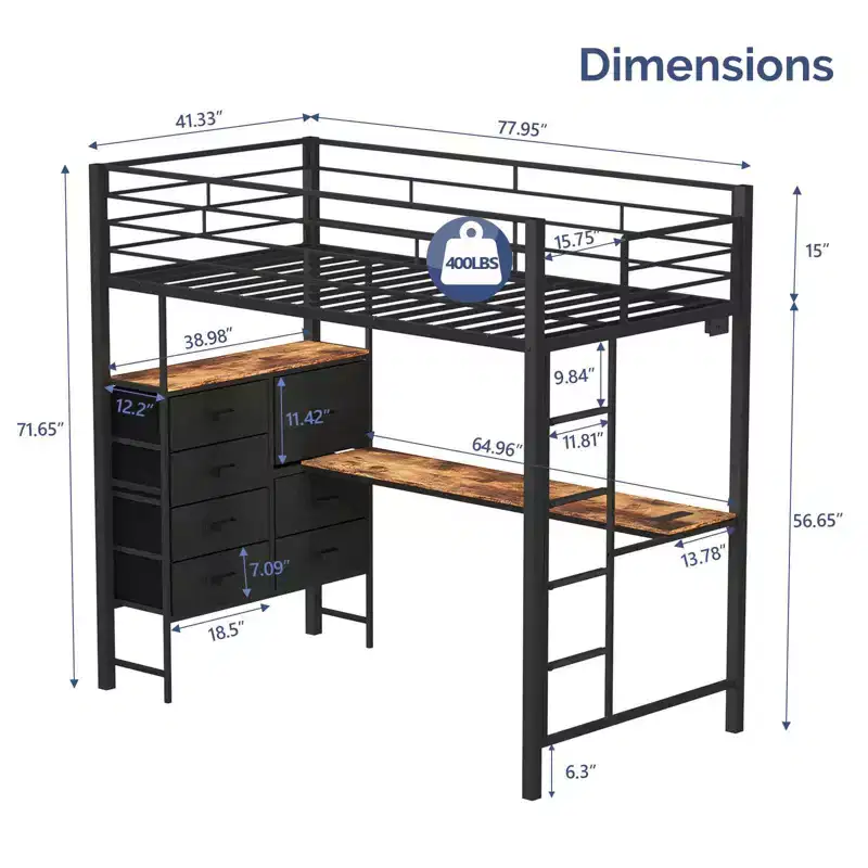 Karl Home Black Twin Loft Bed with Desk, Bunk Bed Frame with 7 Storage Drawers and LED Light