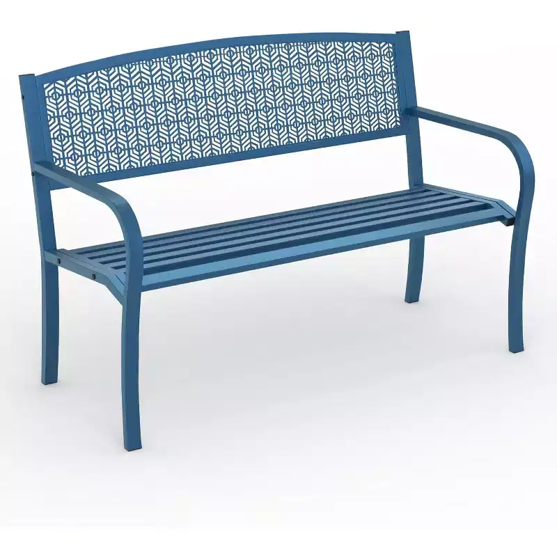 50 Outdoor Metal Garden Bench, Patio Steel Bench with Curved Backrest, Decorative Pattern, Weather-Resistant Porch Bench for Yard, Park, Backyard