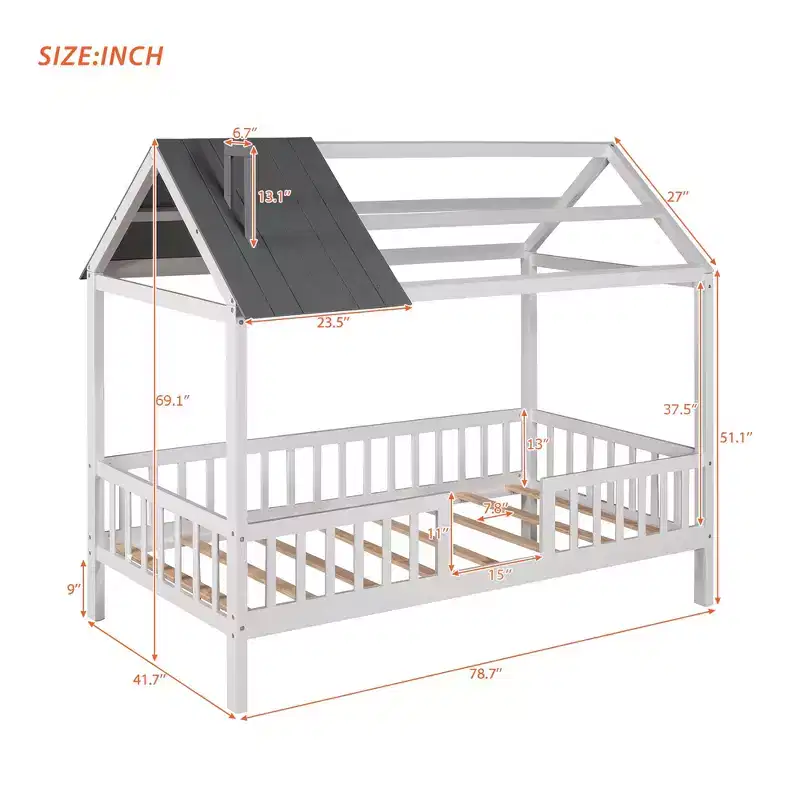Twin Size Wood House Bed with Fence for for Kids' Rooms