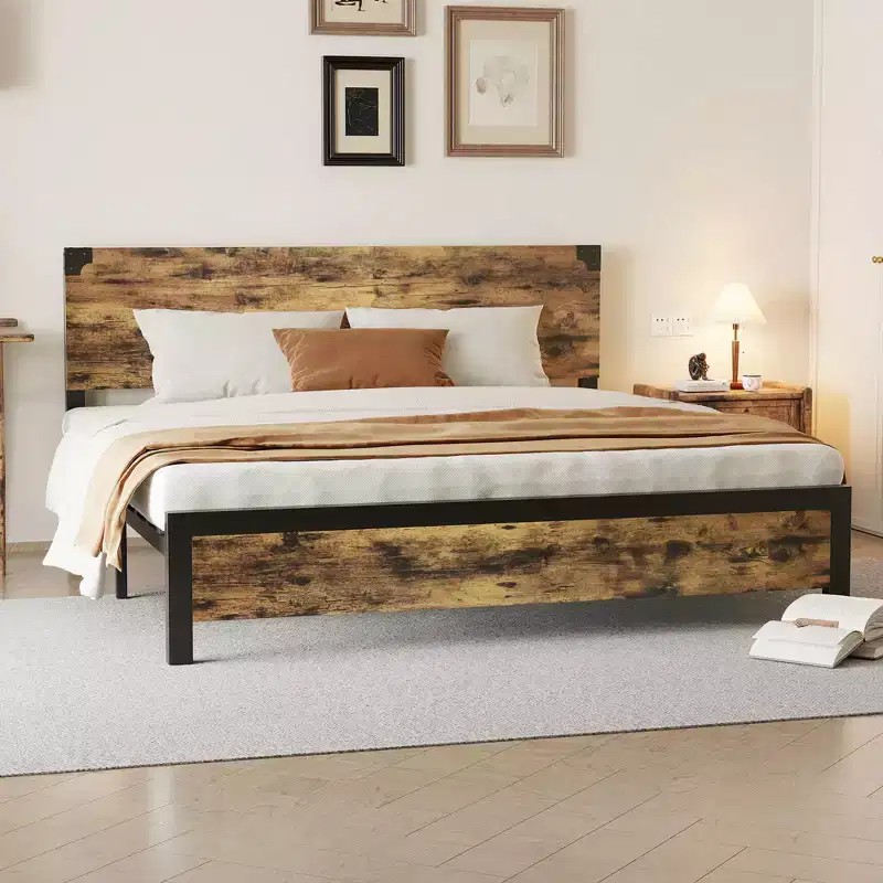Bed Frame with Underbed Storage, Metal Support Platform Bed with Wooden Headboard, No Box Spring Needed