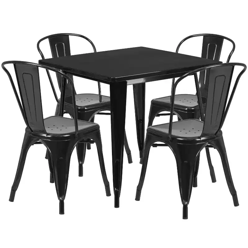 Emma and Oliver Commercial Grade 31.5 Square Metal Indoor-Outdoor Table Set with 4 Stack Chairs