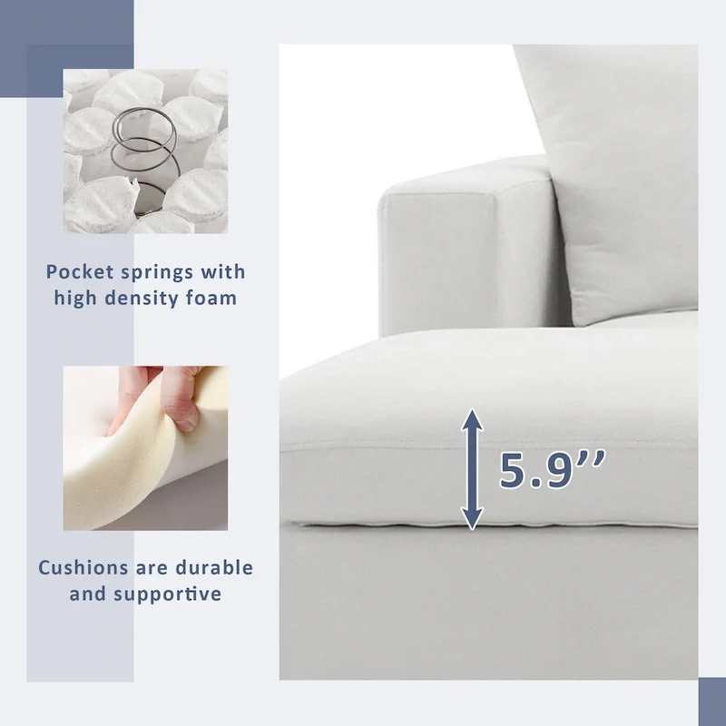 L-shaped Polyester Fabric Couch Set with 2 Free Pillows and Convertible Ottoman