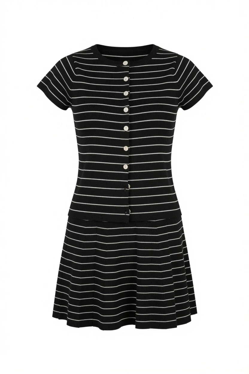 Stripe Button Front Fitted Capped Sleeve Top