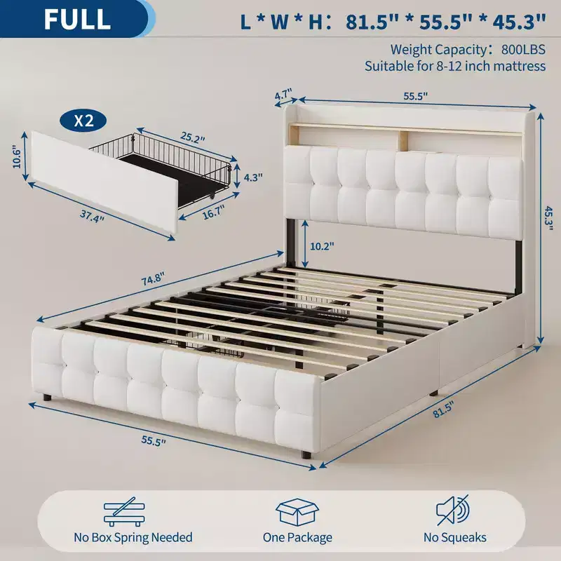 Bed Frame with 2 Storage Drawers, Upholstered Bed Frame with LED Light, Charging Socket and USB Port