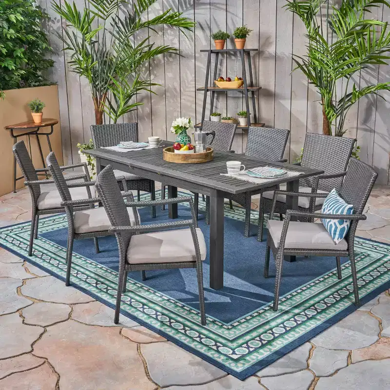 Christopher Knight Home Davenport Outdoor Acacia Wood and Wicker 9 Piece Expandable Dining Set with Cushion