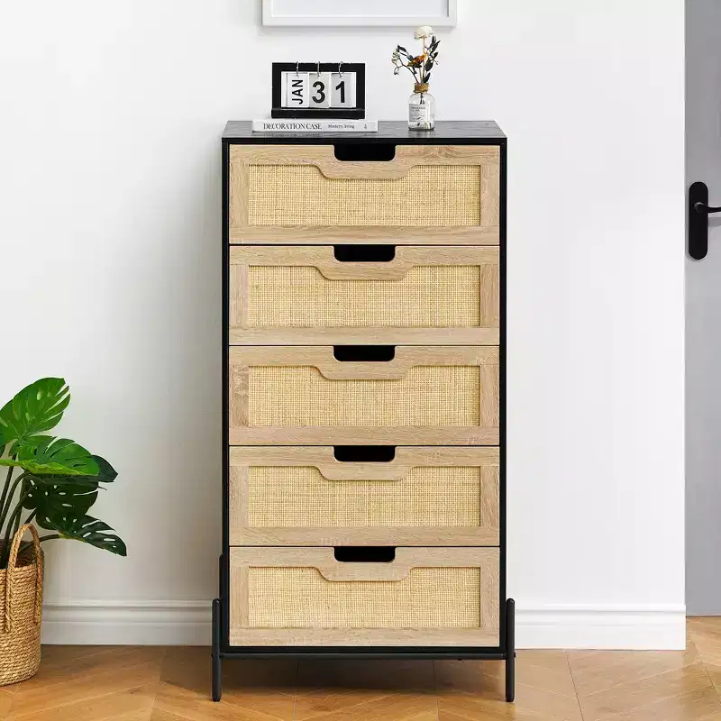 Wood Rattan 5 Drawer Dresser, Storage Cabinet with Legs, Dressers & Chests of Drawers for Bedroom