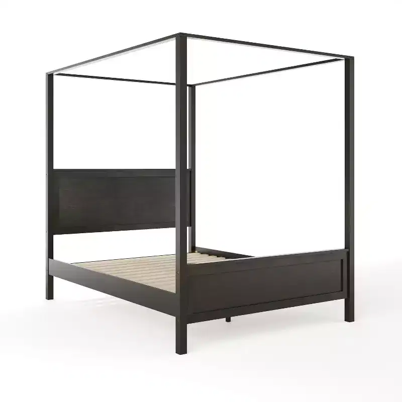 Martha Stewart Hayes Queen Size Solid Wood Canopy Platform Bed with Wood Headboard and Footboard, No Box Spring Needed, Dark Gray