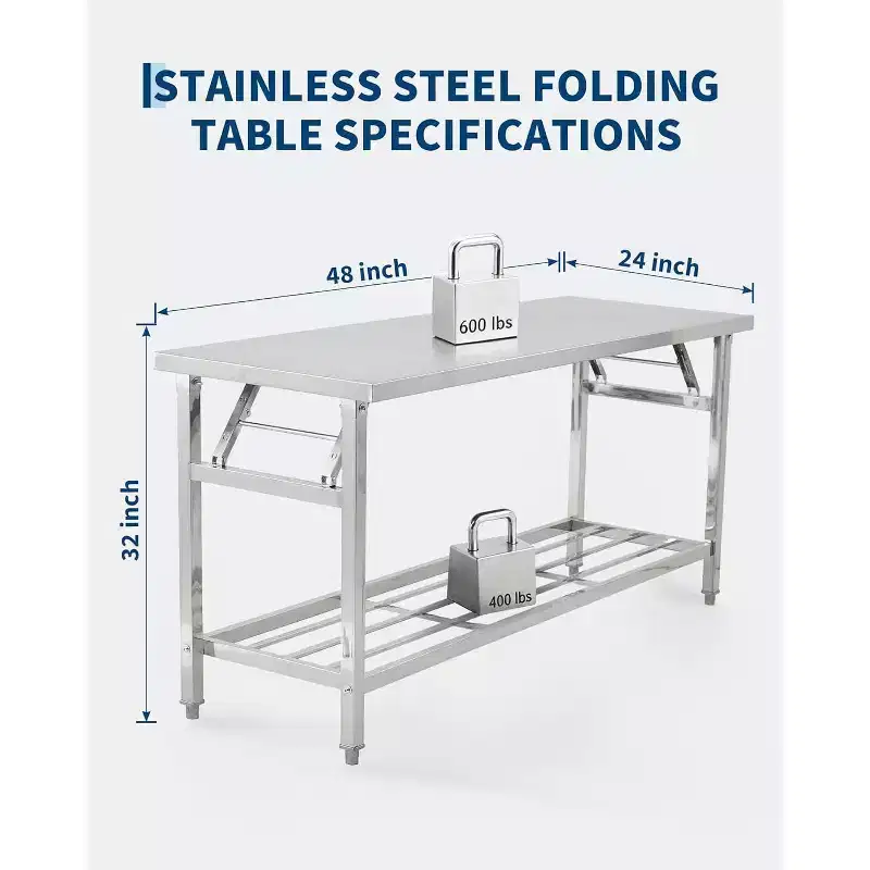 48*24 Inch Heavy-Duty Stainless Steel Folding Table with Undershelf | Commercial/Home Workstation for Food Prep & Catering