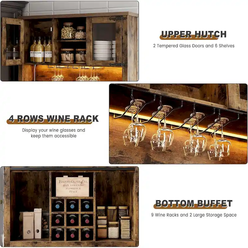 Modern Farmhouse Coffee Bar Cabinet with LED Lights & Power Outlets, Kitchen Cabinet