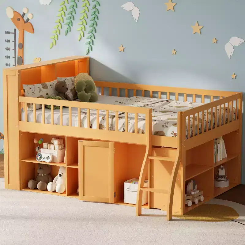 Full/Queen Size Loft Bed with Built-in Shelves & LED Headboard Light