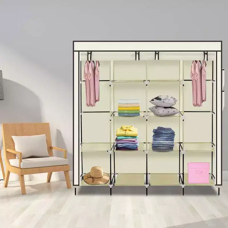Non-Woven Fabric Wardrobe, 4-Row Tall Storage Cabinet with 4 Side Pockets, 169.5x44x168.5/181.5cm, Beige, for Home Dormitory
